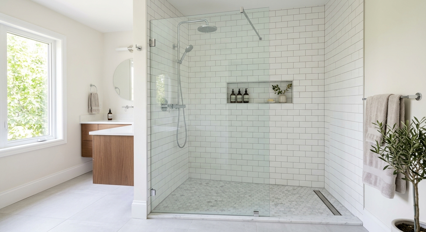 Bright walk-in shower that replaced an old bathtub